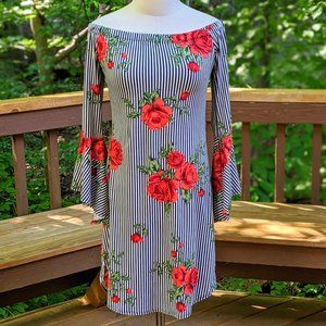 Striped & Floral Off-the-Shoulder Mini Dress